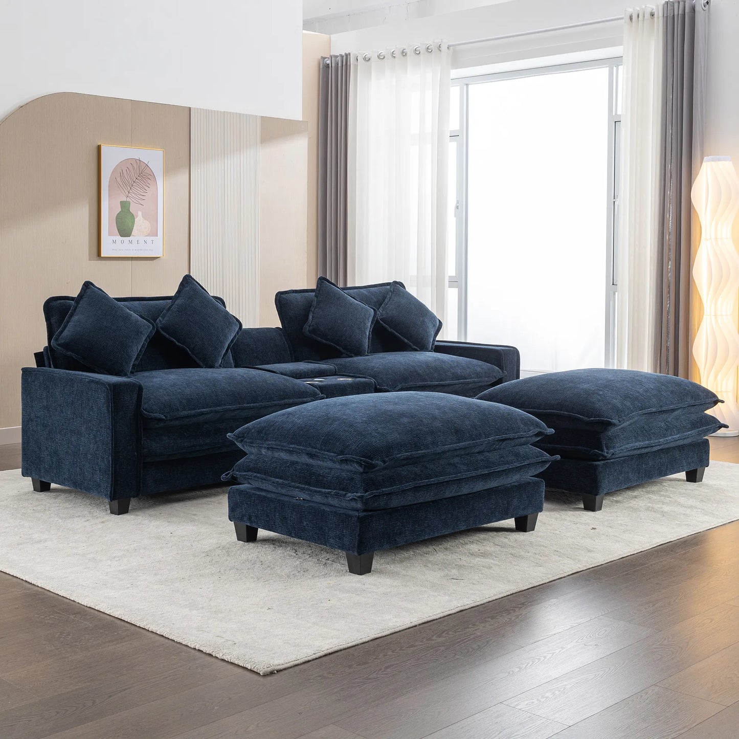 Plush Couch, Deep Seat Couch with Ottomans, Blue