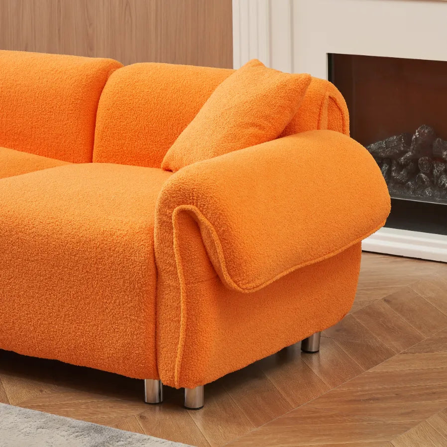 3 Seater Sofa, Plush Upholstered Teddy Velvet Couch, Orange