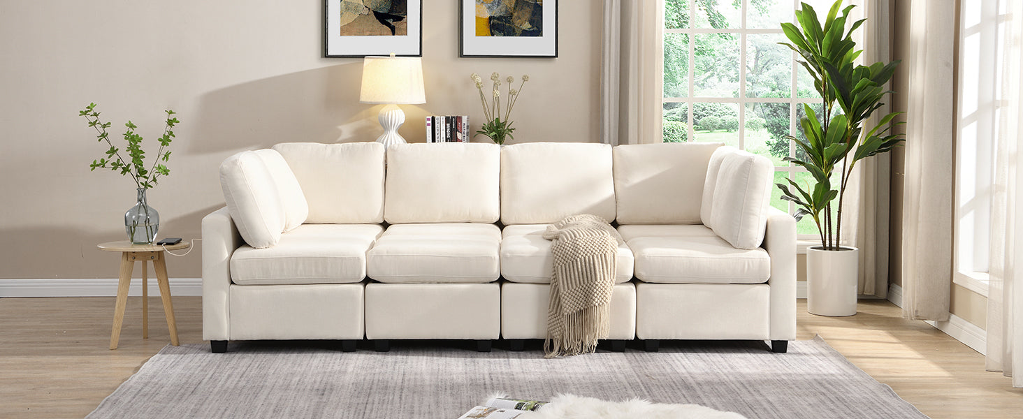 U Shaped Couch, Chenille Sectional Sofa with Ottoman, Beige