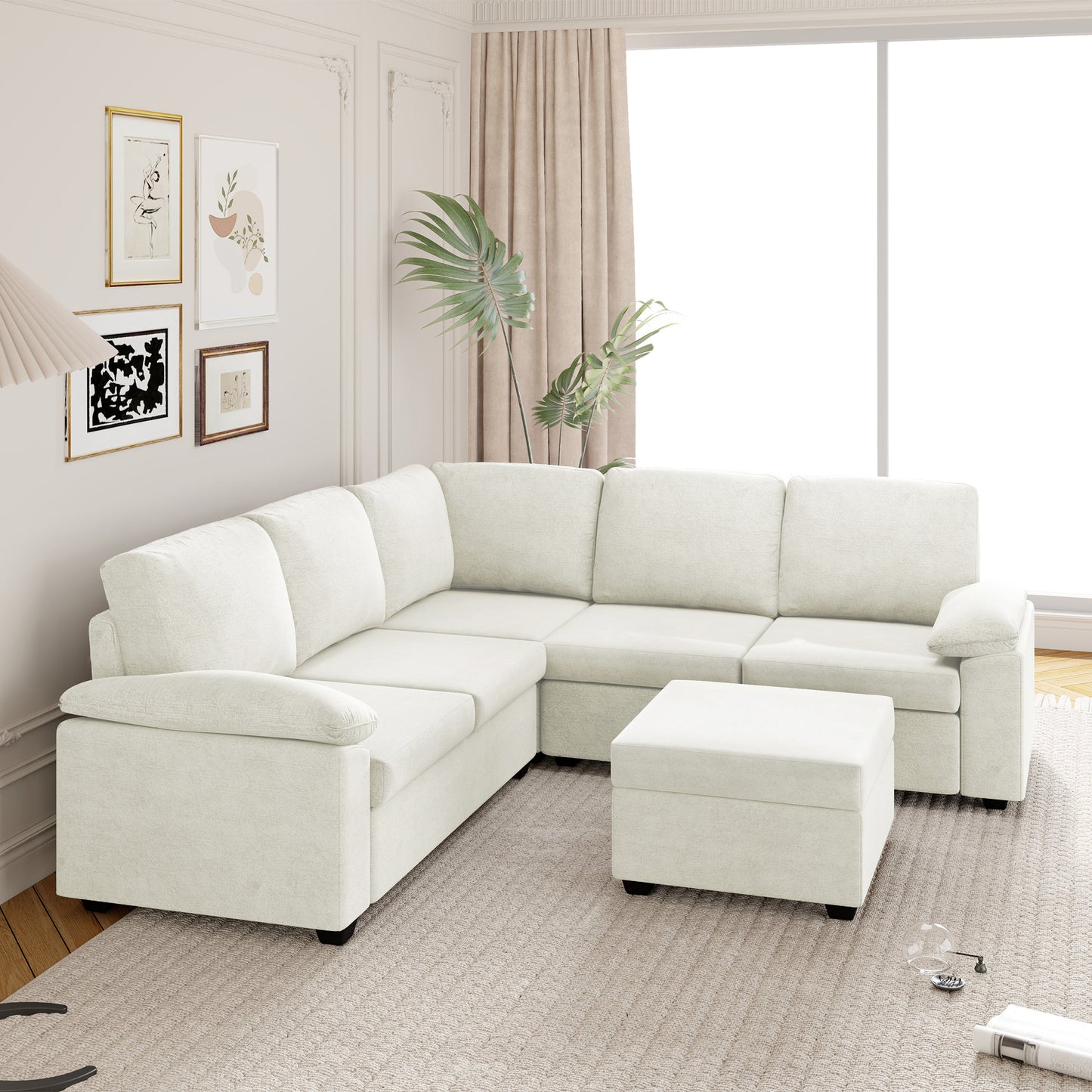Modern L-Shape Velvet Sectional Sofa, Corner Couch with Ottoman, Beige