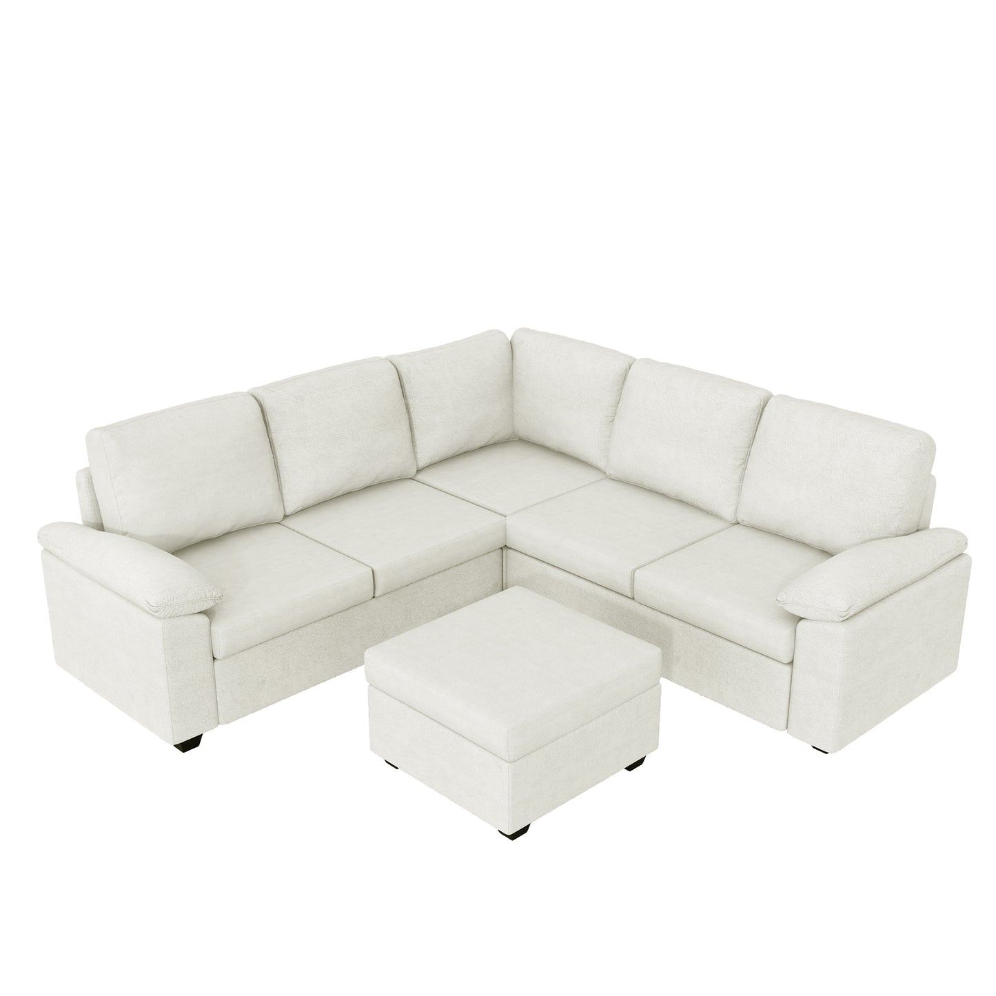 Modern L-Shape Velvet Sectional Sofa, Corner Couch with Ottoman, Beige