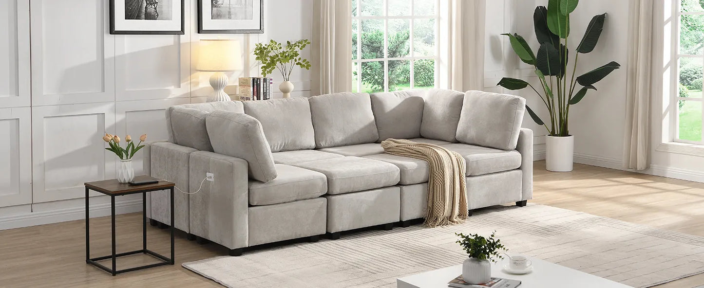 U Shaped Couch, Chenille Sectional Sofa with Ottoman, Grey