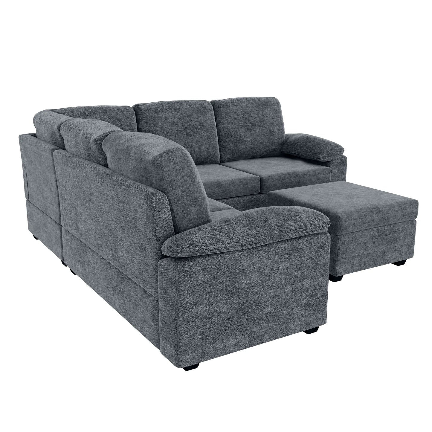 Modern L-Shape Velvet Sectional Sofa, Corner Couch with Ottoman, Grey