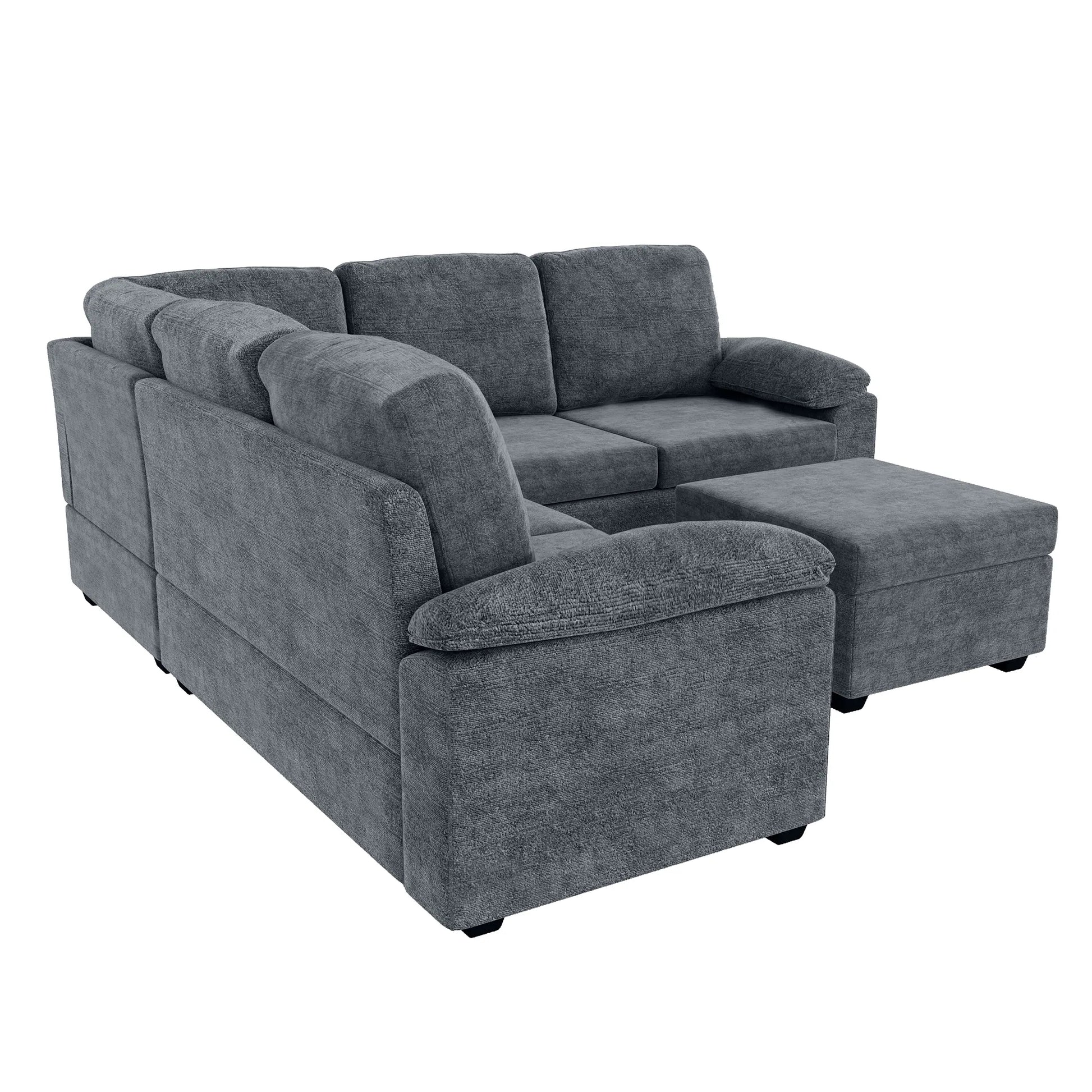 Modern L-Shape Velvet Sectional Sofa, Corner Couch with Ottoman, Grey