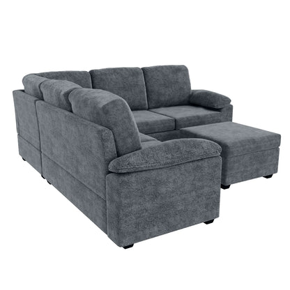 Modern L-Shape Velvet Sectional Sofa, Corner Couch with Ottoman, Grey