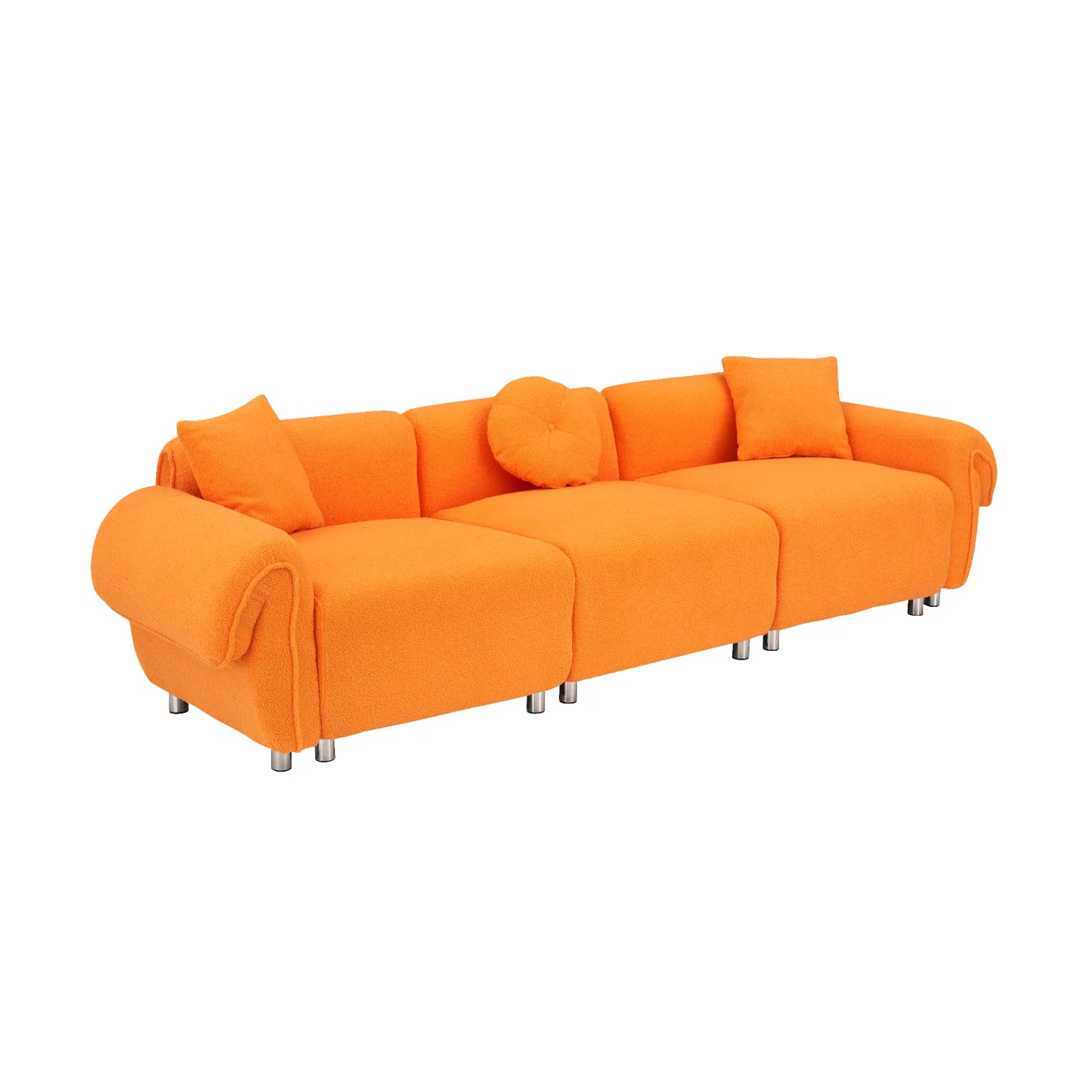3 Seater Sofa, Plush Upholstered Teddy Velvet Couch, Orange