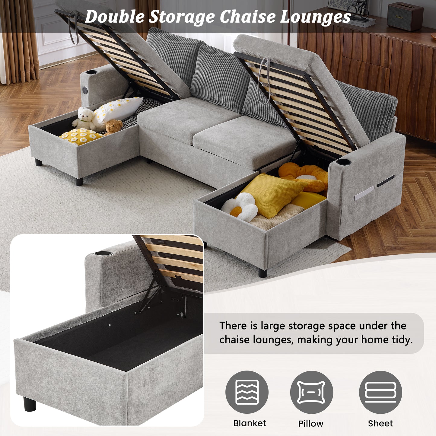Corduroy Couch with Chaise Sleeper, Sectional Sofa Pull-Out, Grey