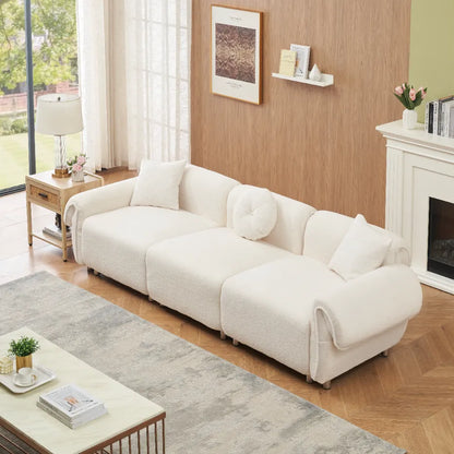 3 Seater Sofa, Plush Upholstered Teddy Velvet Couch, Beige
