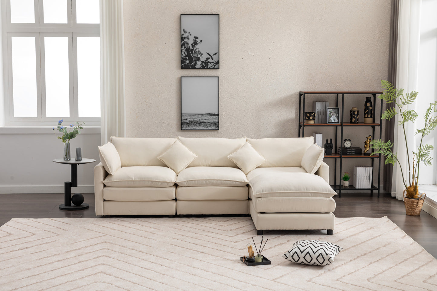 Louie Sofa L Shape, Modular Couch with Ottoman - Beige