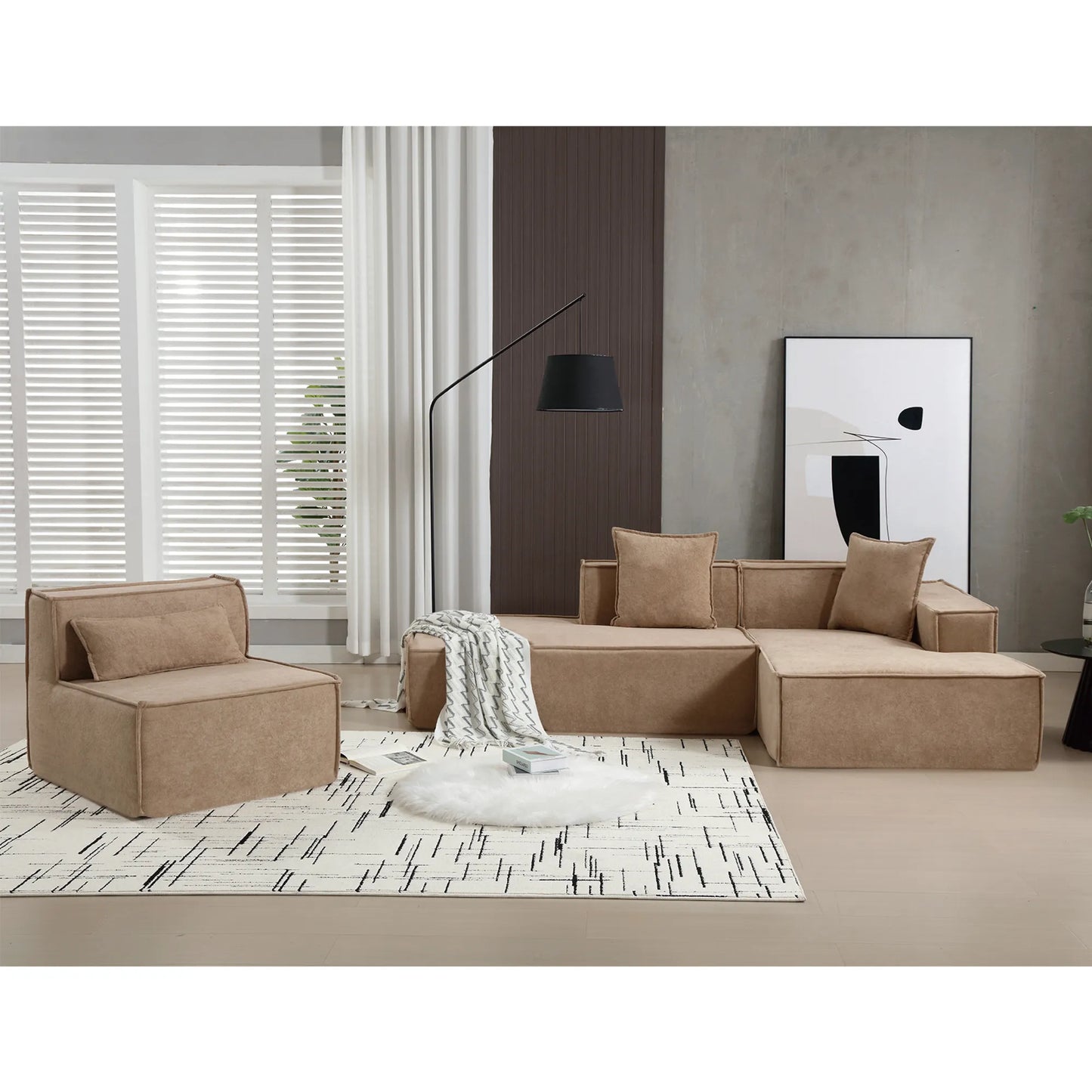 Modular Lounge Sofa, L Shaped Sectional with Chaise, Light Brown