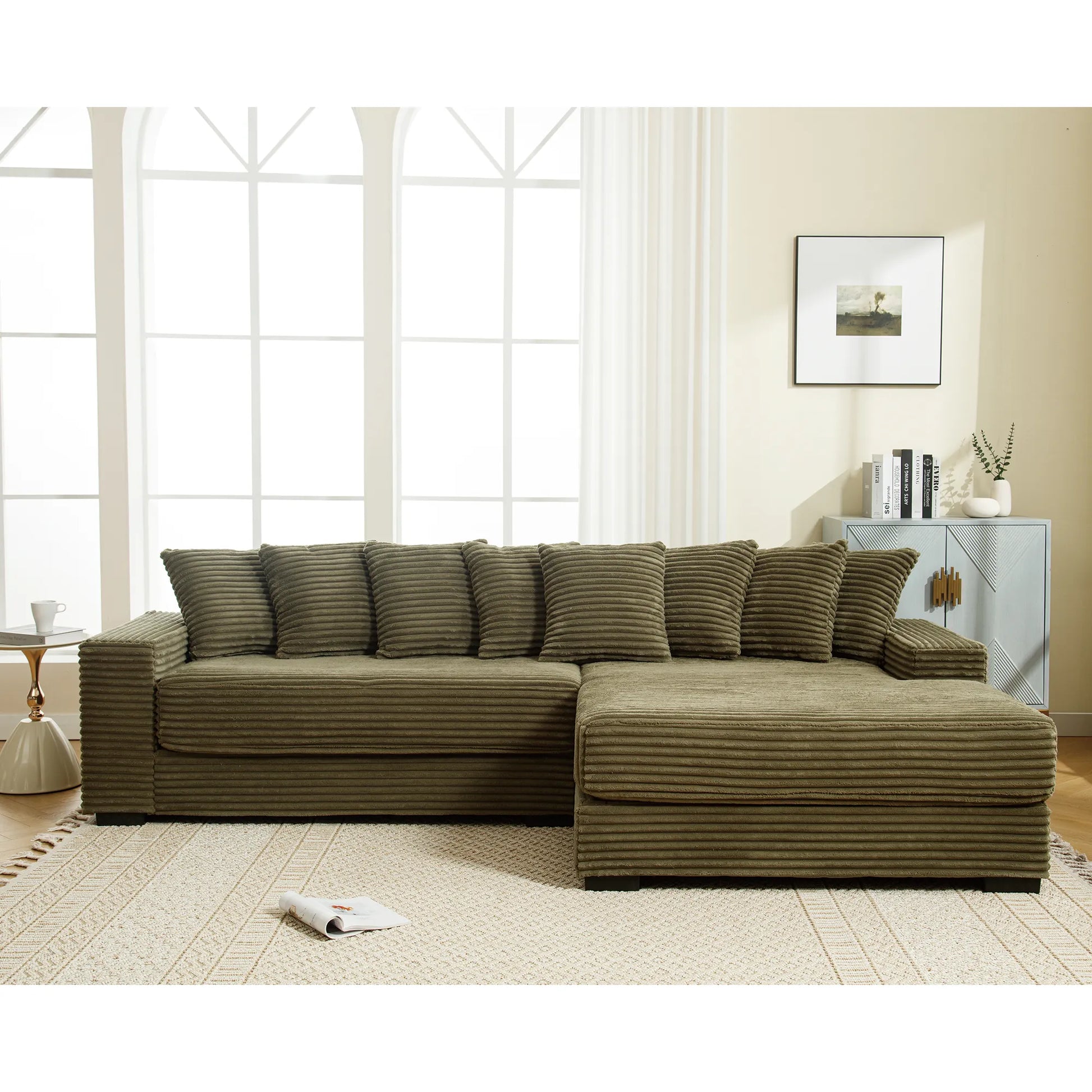 L Shaped Corduroy Couch, Plush Chaise Lounge Sofa, Green