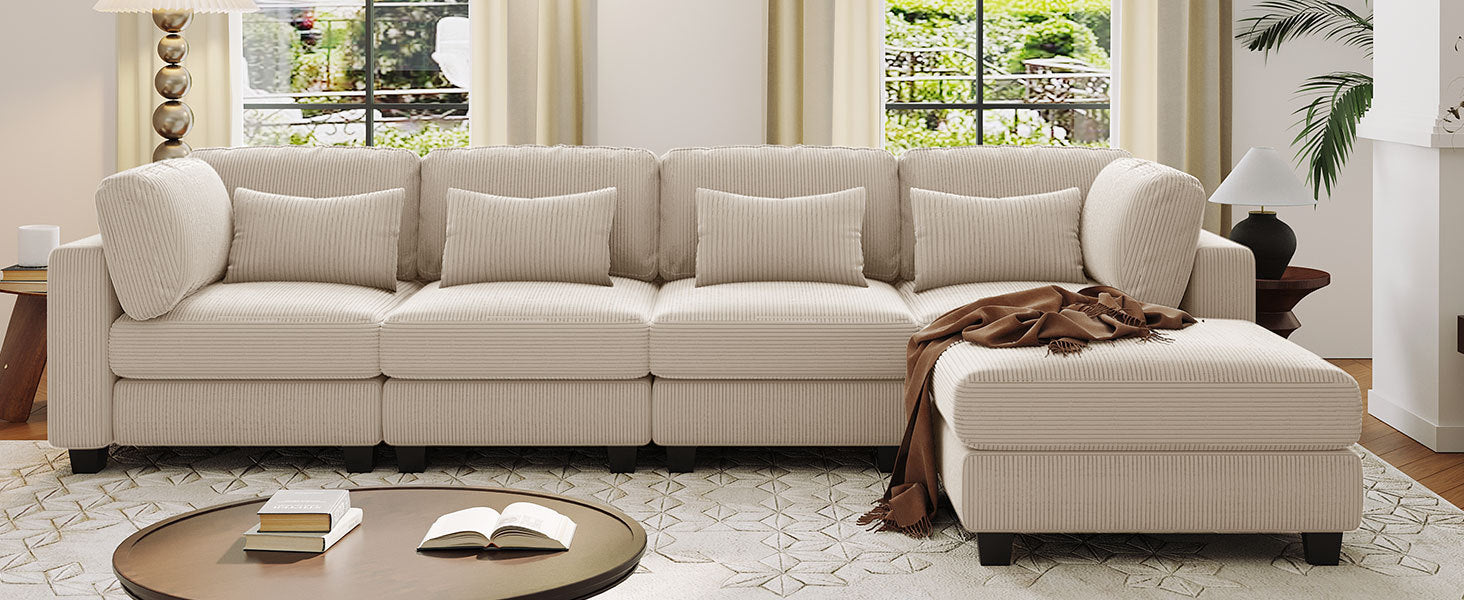 Louie Modular Sectional Sofa, Corduroy Couch with Ottoman - Beige