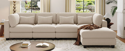 Louie Modular Sectional Sofa, Corduroy Couch with Ottoman - Beige