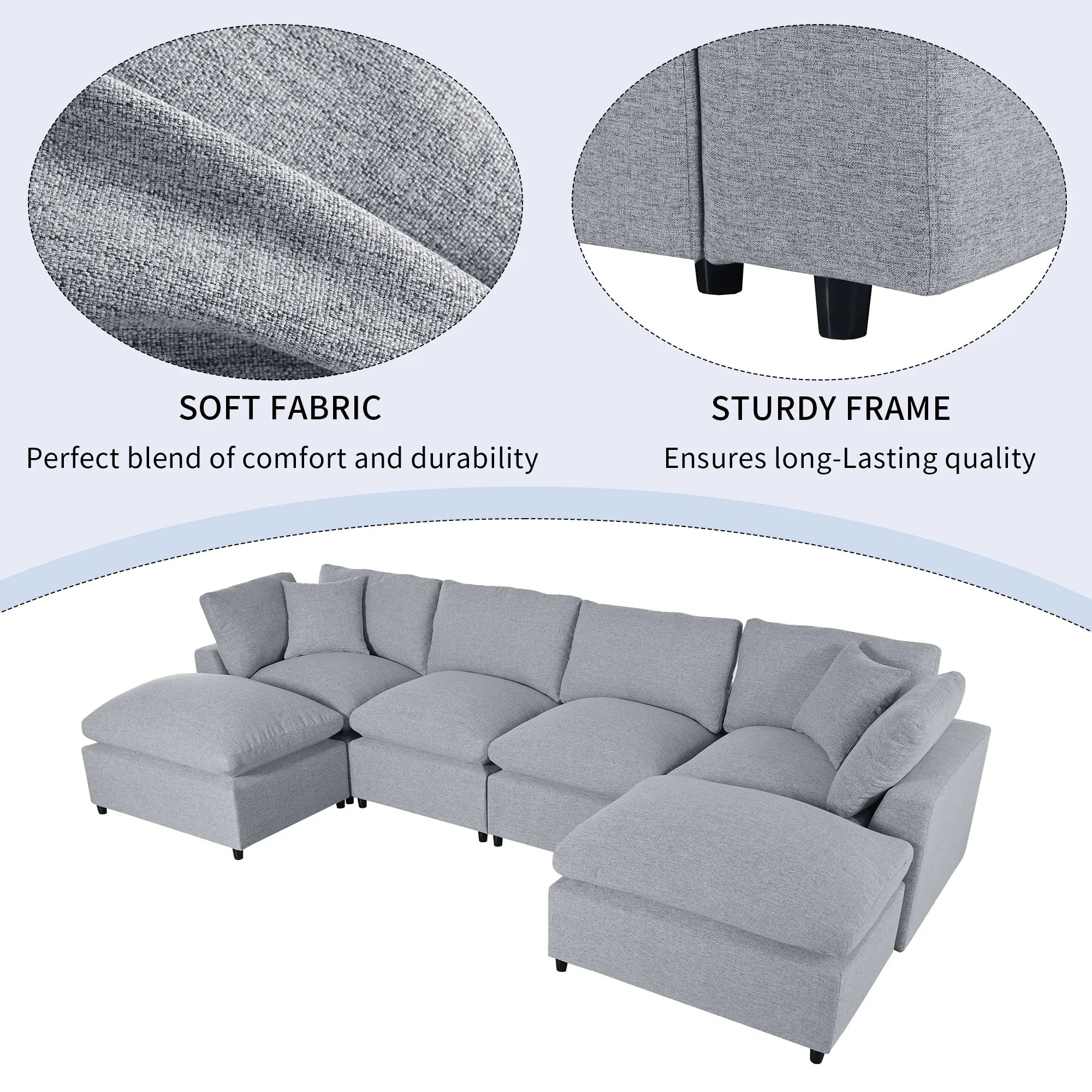 U Shaped Sectional, Large Modular Couch with Ottomans, Grey