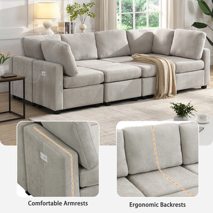 U Shaped Couch, Chenille Sectional Sofa with Ottoman, Grey