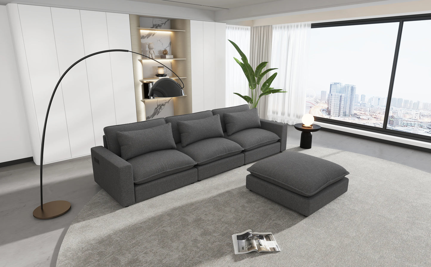 Comfy Sectional Cloud Couch, Chenille Sofa with Ottoman, Grey