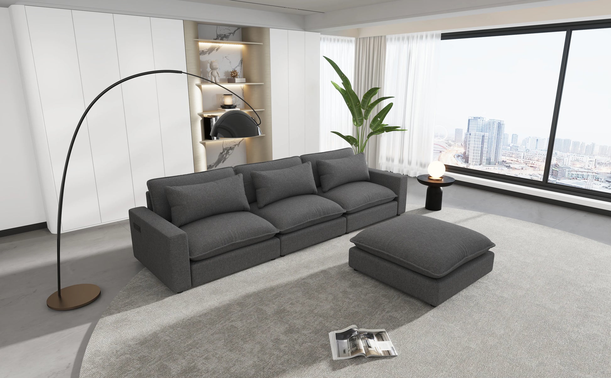 Comfy Sectional Cloud Couch, Chenille Sofa with Ottoman, Grey