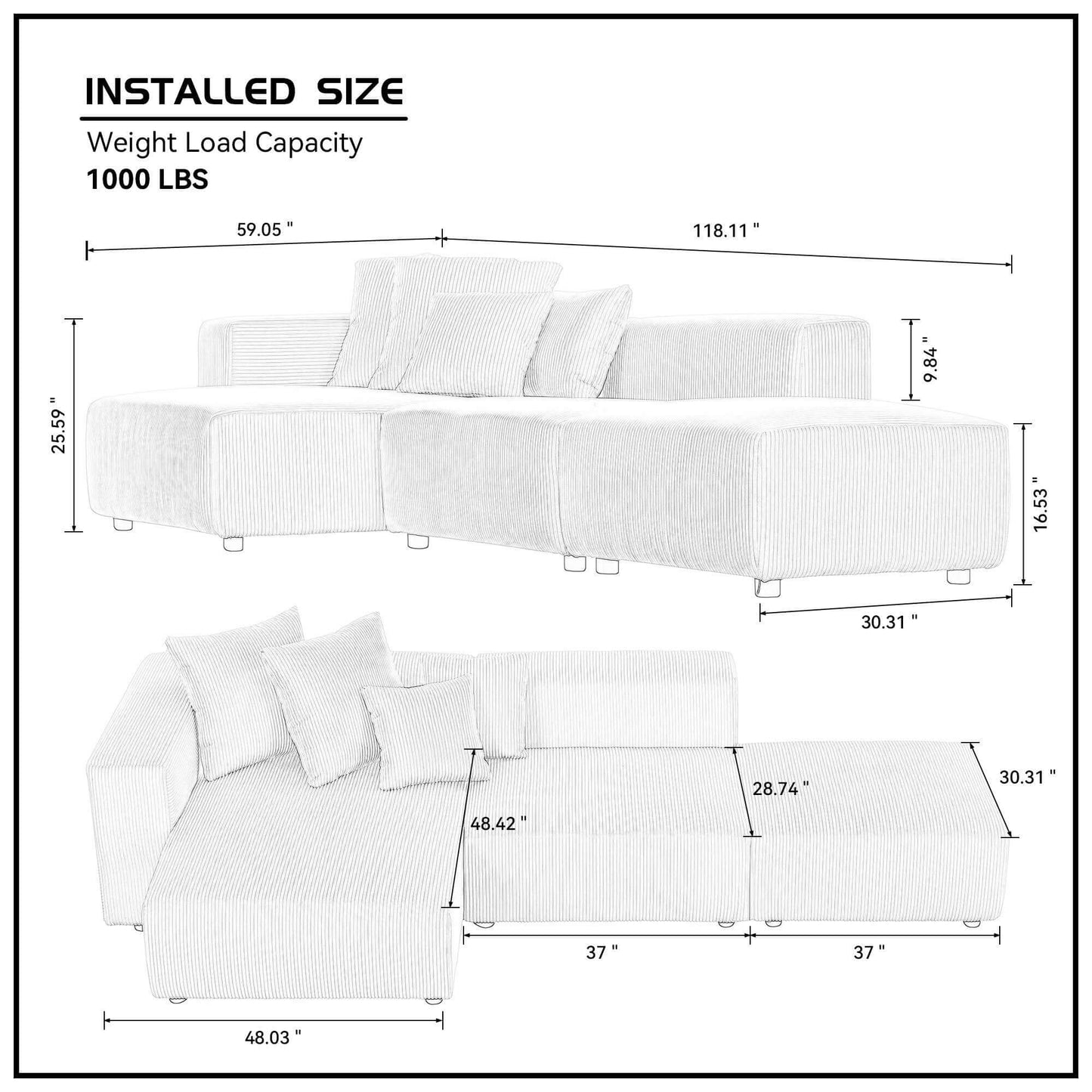 Corduroy Couch, Sofa with Chaise Lounge, 3 Piece - Beige