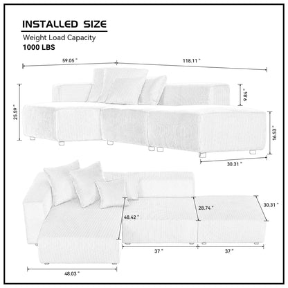Corduroy Couch, Sofa with Chaise Lounge, 3 Piece - Beige