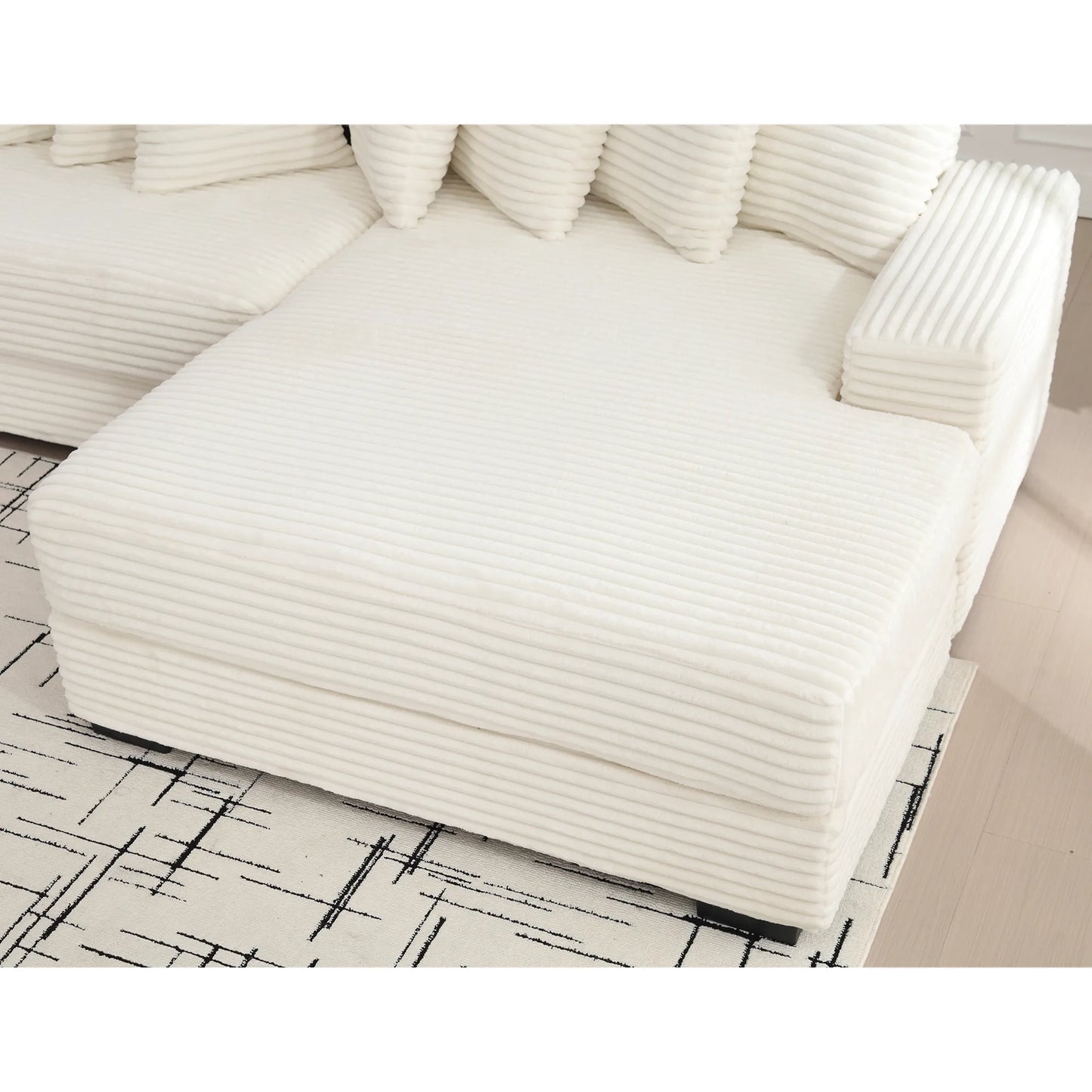 L Shaped Corduroy Couch, Plush Chaise Lounge Sofa, Beige