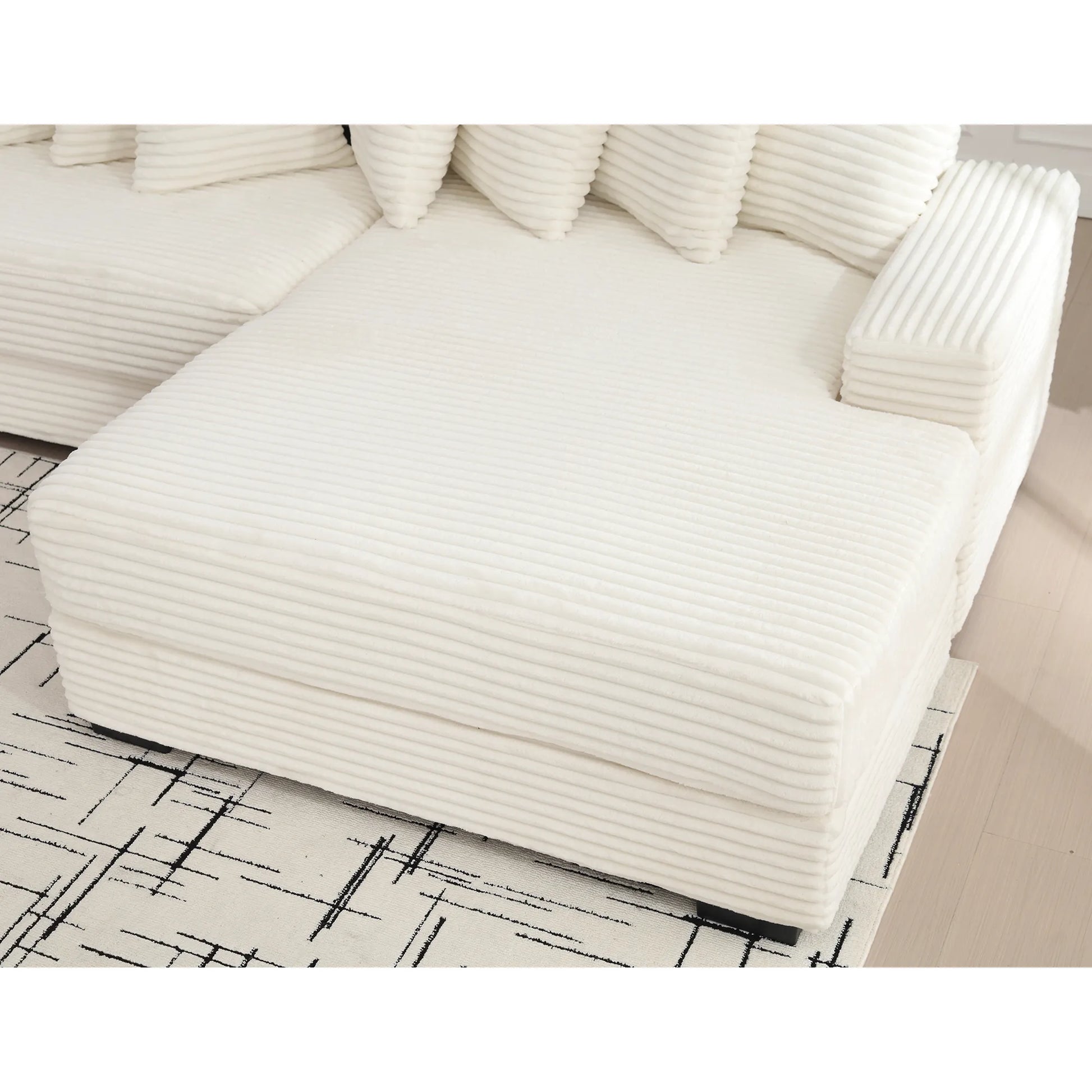 L Shaped Corduroy Couch, Plush Chaise Lounge Sofa, Beige