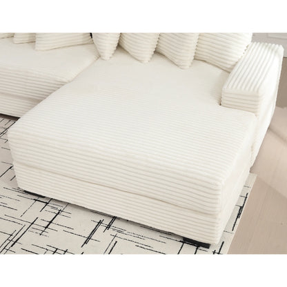 L Shaped Corduroy Couch, Plush Chaise Lounge Sofa, Beige