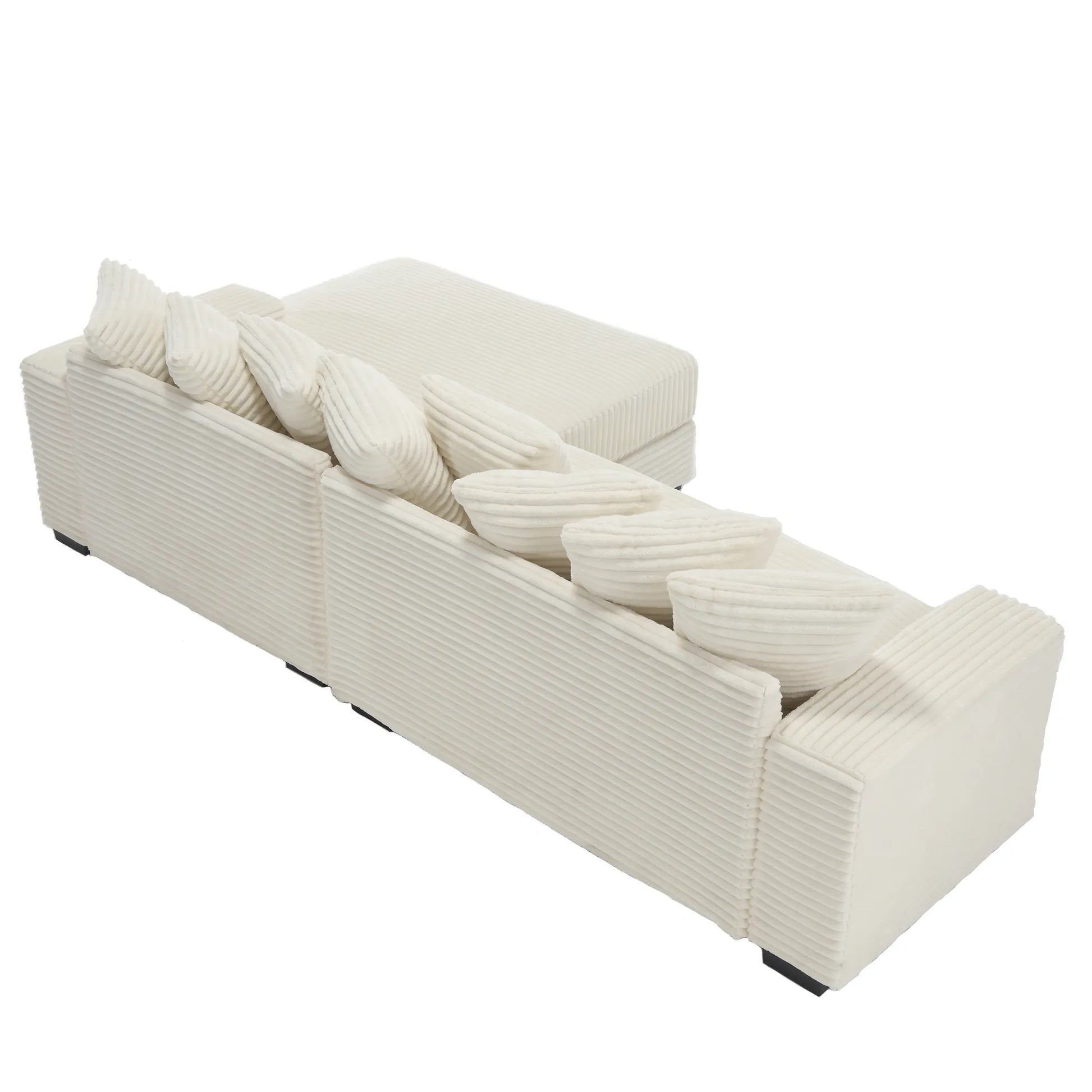 L Shaped Corduroy Couch, Plush Chaise Lounge Sofa, Beige