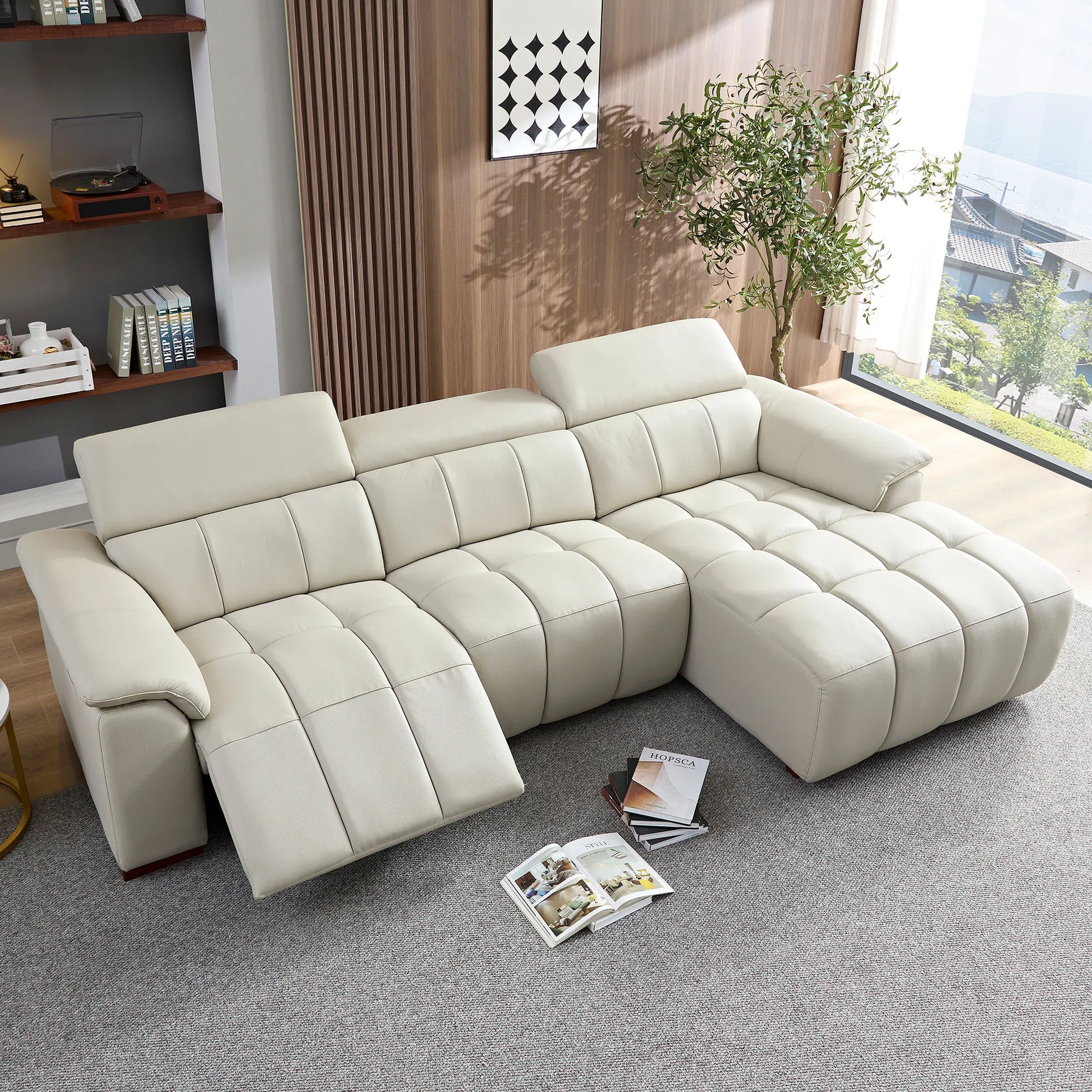 Genuine Leather Recliner Sofa, Modern Couch with Chaise, USB and Adjustable Headrest, Light Grey