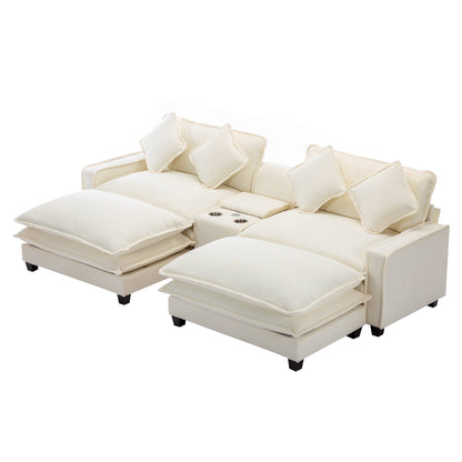 Plush Couch, Deep Seat Couch with Ottomans, Beige