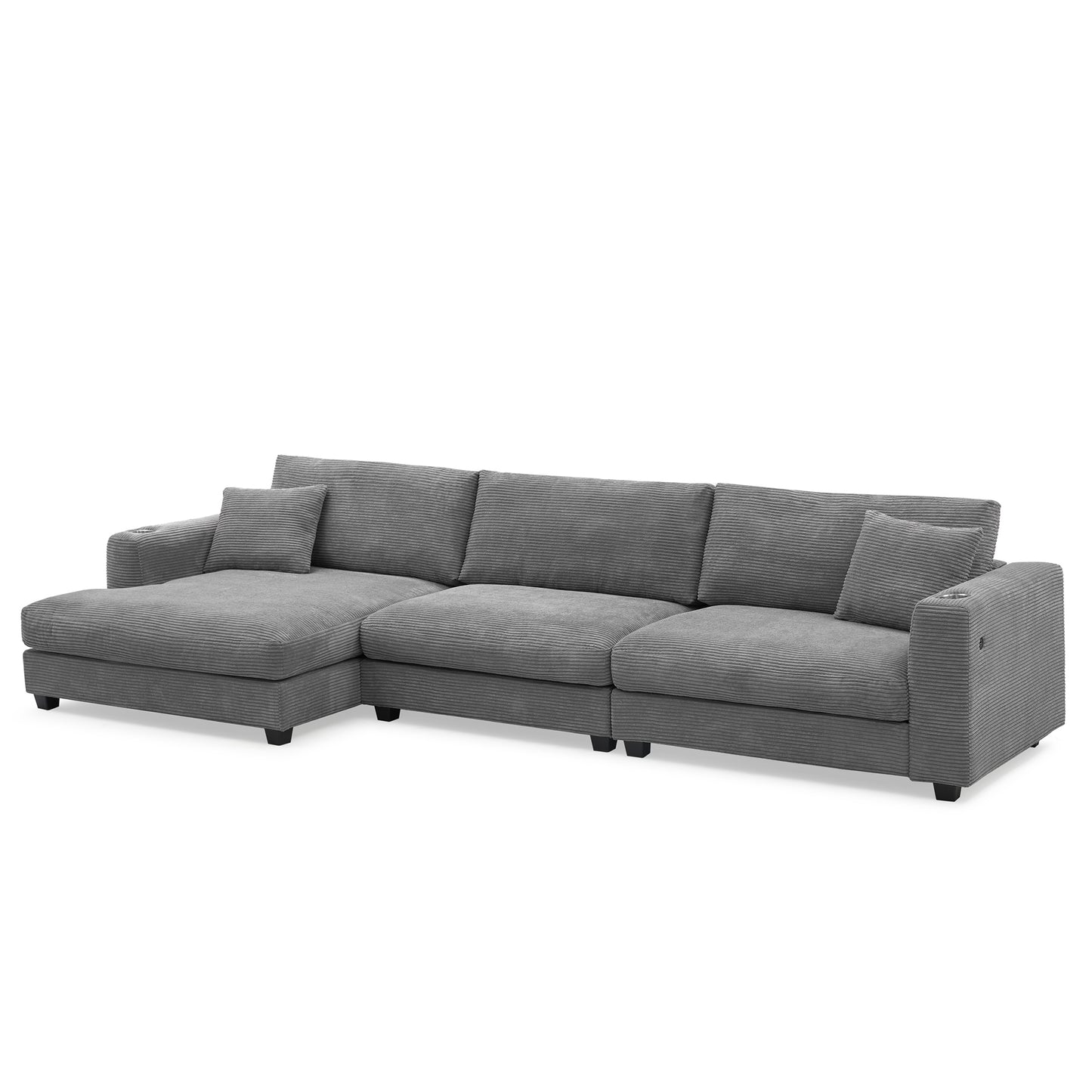 Deep Seat Corduroy Sofa, Large Sectional Couch with Chaise, Gray