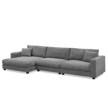 Deep Seat Corduroy Sofa, Large Sectional Couch with Chaise, Gray