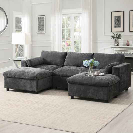 U Shape Sectional Sofa, Chenille Cloud Couch with Ottoman, Dark Grey