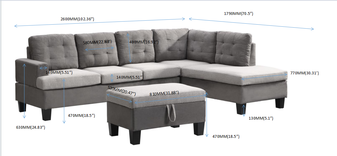 Gray Sectional Couch, Sofa with Chaise and Storage Ottoman