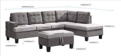 Gray Sectional Couch, Sofa with Chaise and Storage Ottoman