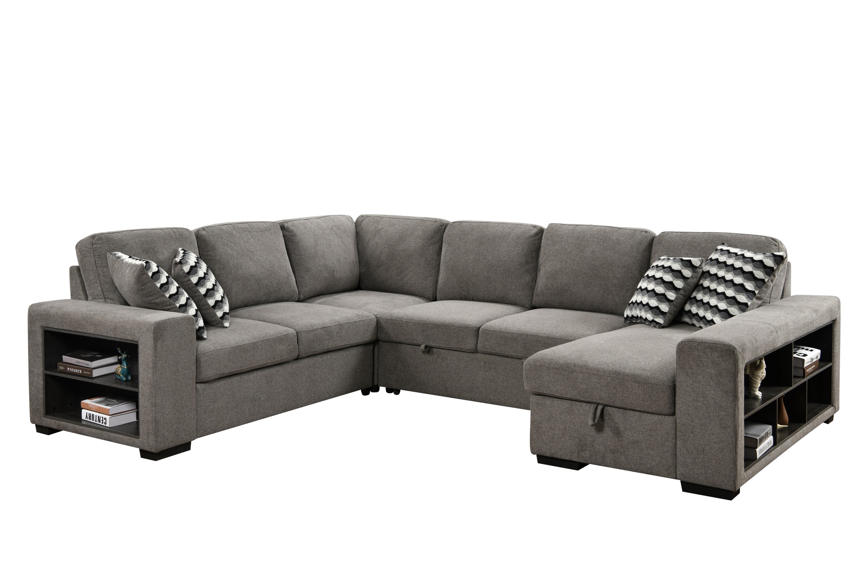 U Shaped Sectional, Sleeper Sofa with Chaise and Storage, Gray