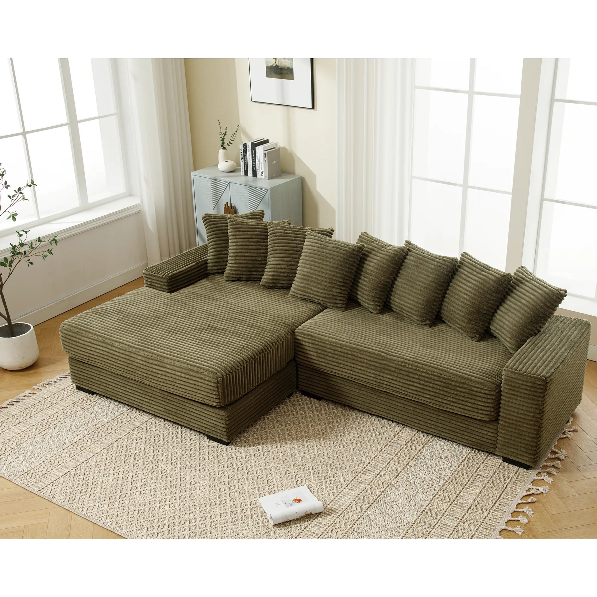 L Shaped Corduroy Couch, Plush Chaise Lounge Sofa, Green