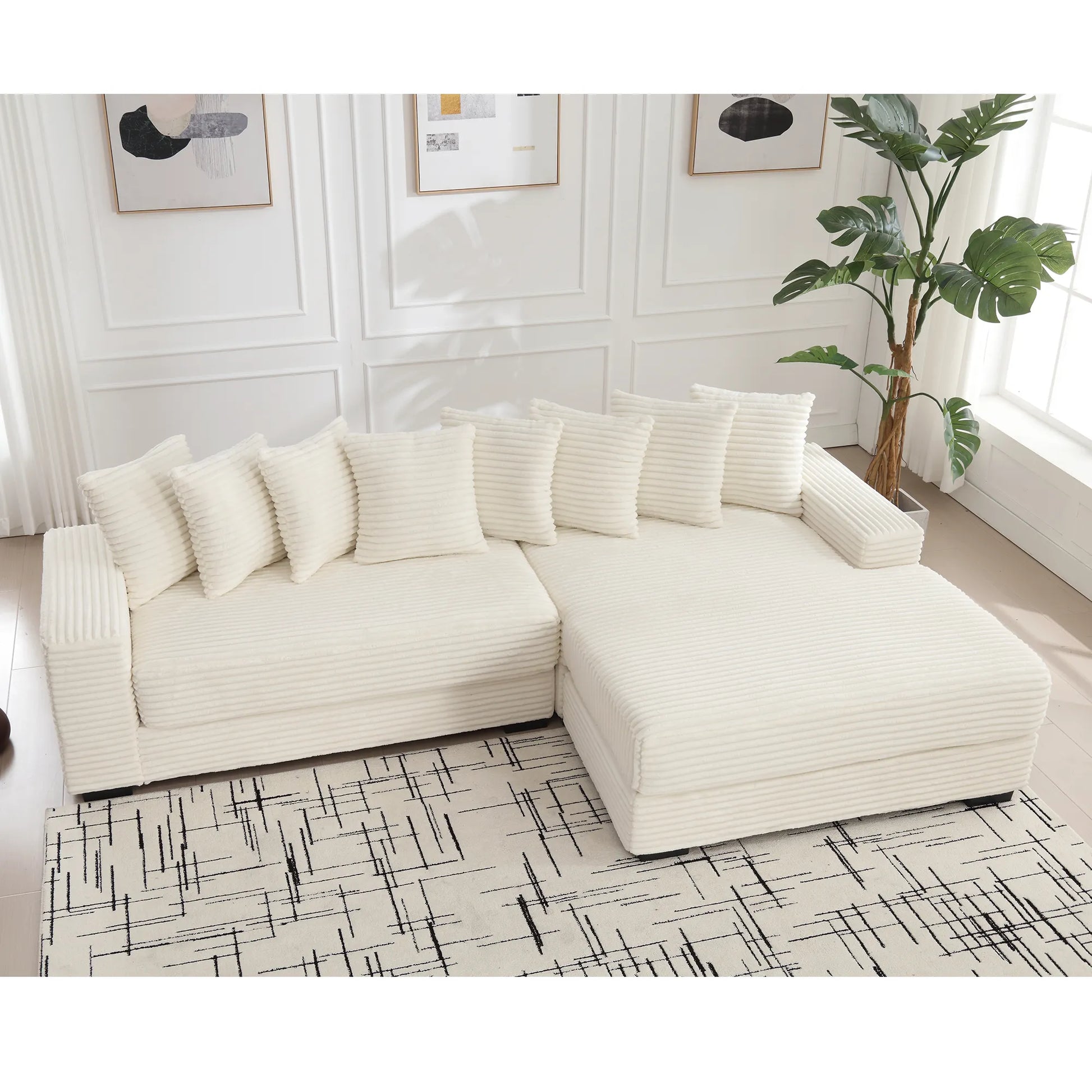 L Shaped Corduroy Couch, Plush Chaise Lounge Sofa, Beige