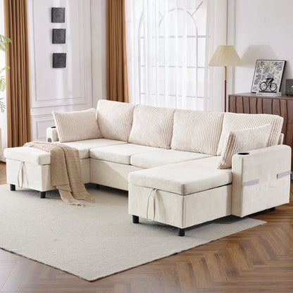 Corduroy Couch with Chaise Sleeper, Sectional Sofa Pull-Out, Beige