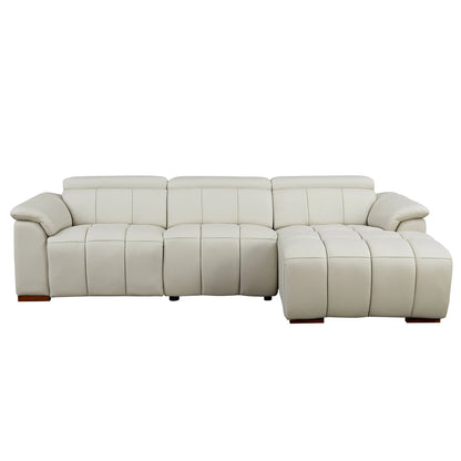 Genuine Leather Recliner Sofa, Modern Couch with Chaise, USB and Adjustable Headrest, Light Grey