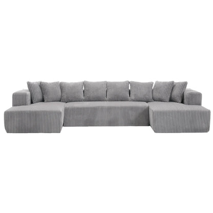 Modular U Shaped Sectional, Corduroy Couch with Double Chaise, Gray