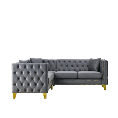 Chesterfield Sofa, L-Shaped Velvet Corner Couch - Gray