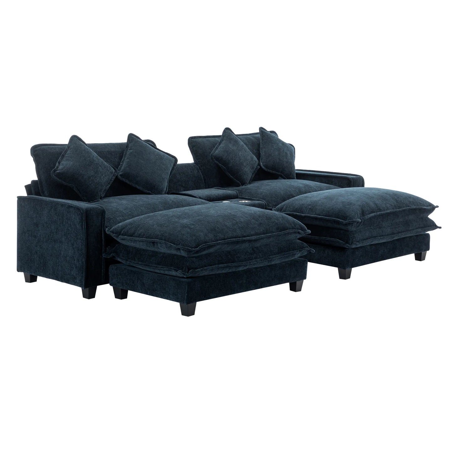 Plush Couch, Deep Seat Couch with Ottomans, Blue