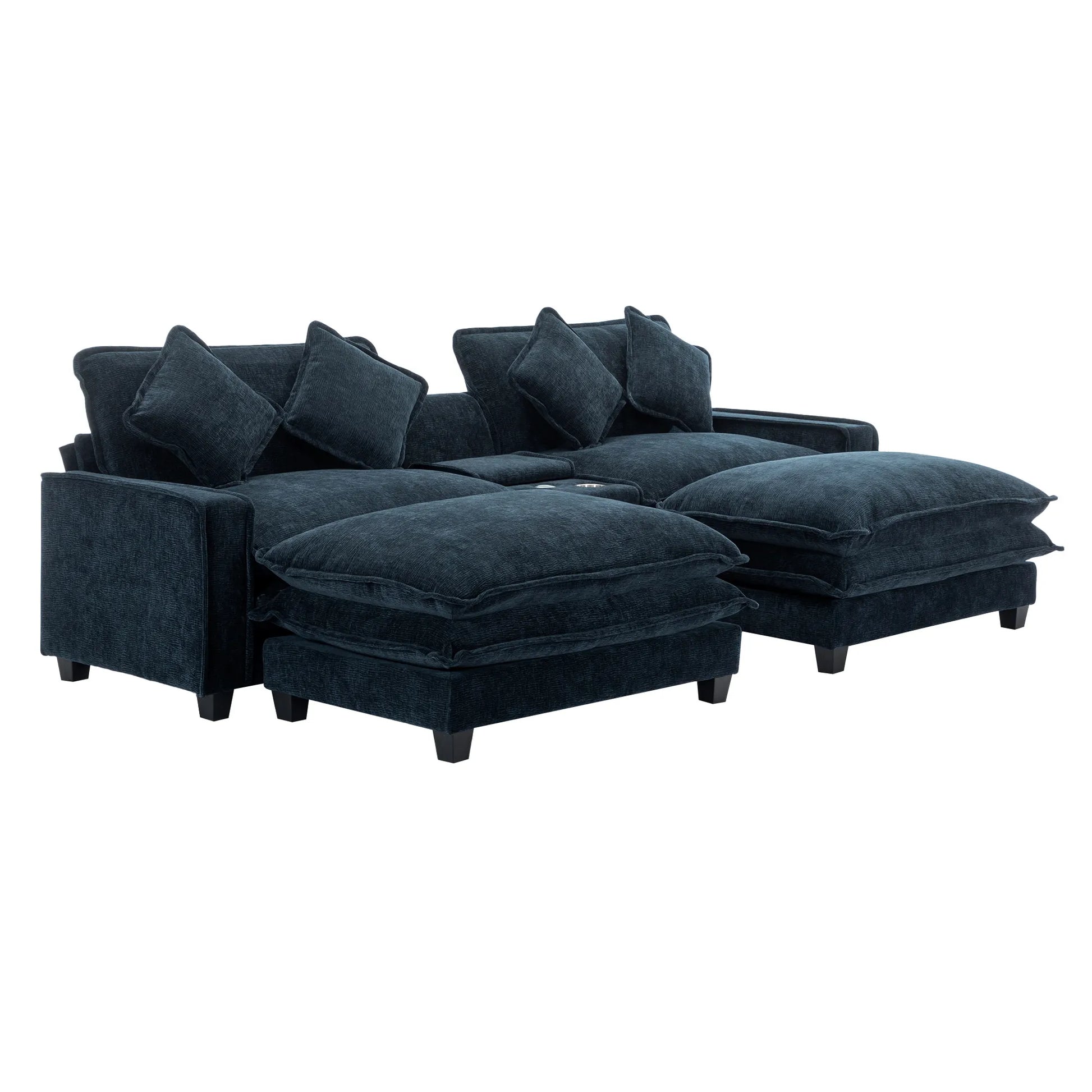 Plush Couch, Deep Seat Couch with Ottomans, Blue