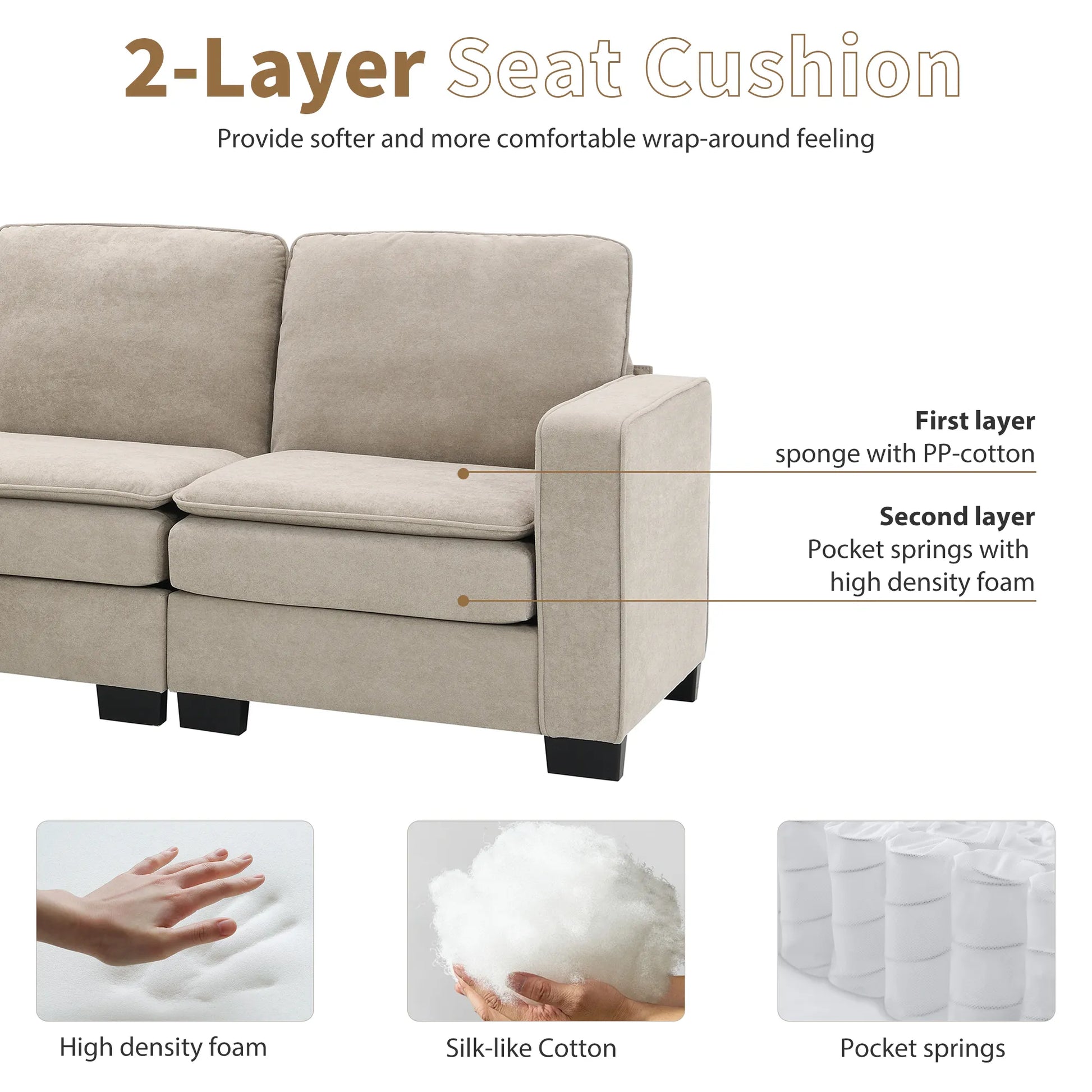 Corner Sectional Sofa, L-Shaped Comfy Couch, Khaki