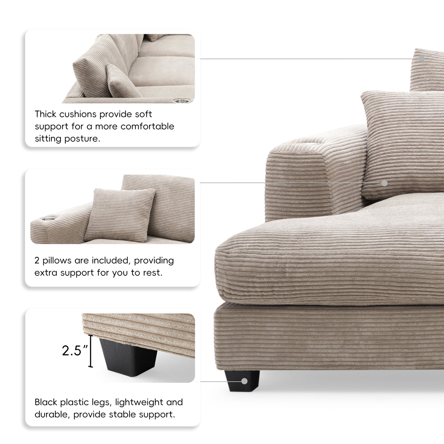 Deep Seat Corduroy Sofa, Large Sectional Couch with Chaise, Khaki