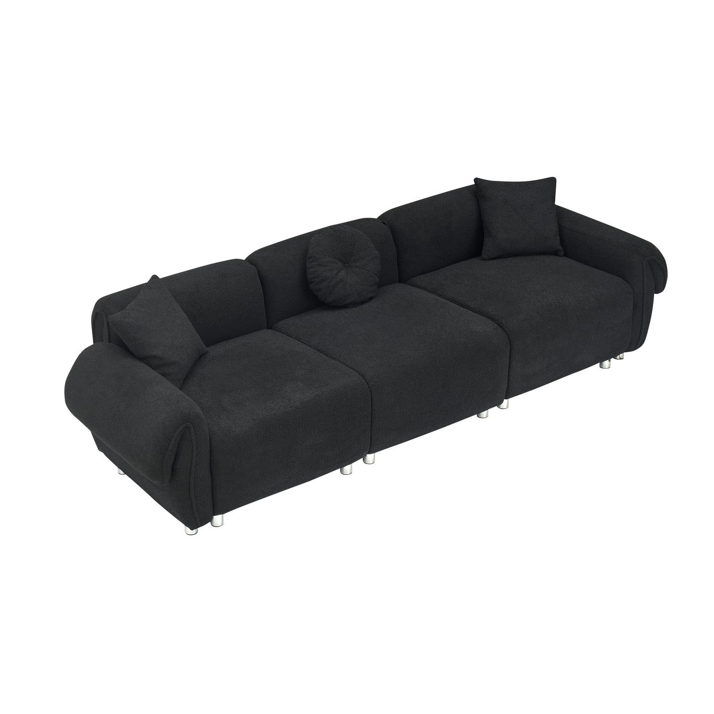 3 Seater Sofa, Plush Upholstered Teddy Velvet Couch, Black