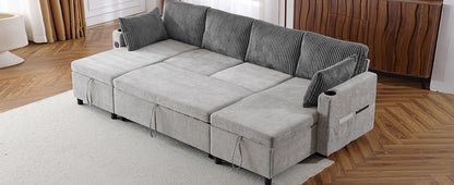 Corduroy Couch with Chaise Sleeper, Sectional Sofa Pull-Out, Grey