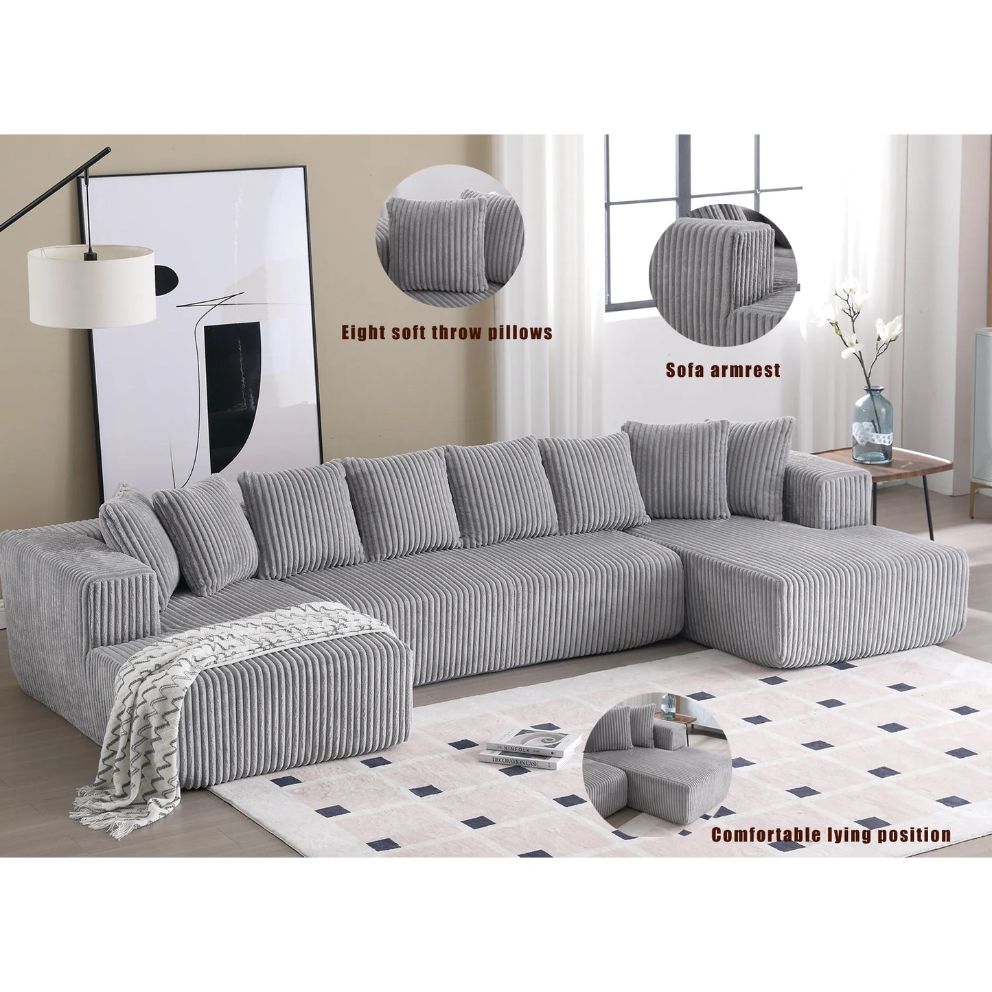Modular U Shaped Sectional, Corduroy Couch with Double Chaise, Gray