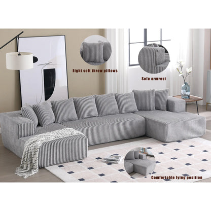 Modular U Shaped Sectional, Corduroy Couch with Double Chaise, Gray