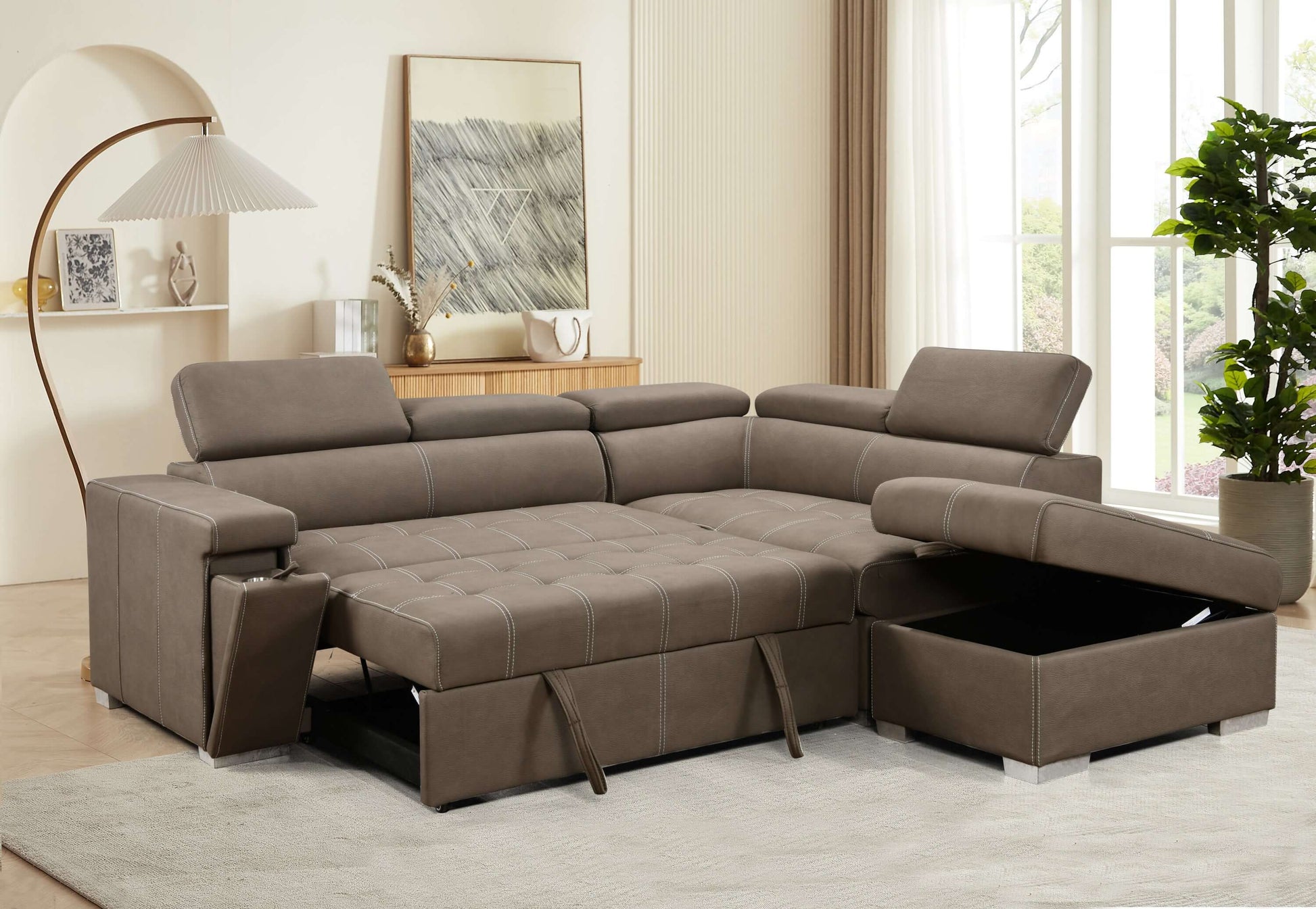 Louie L-Shaped Sofa Bed, Convertible Couch Pullout with Storage Chaise and Adjustable Headrest - Brown